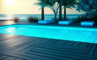 blue relaxation pool home swimming luxury palm summer large water. Generative AI. photo