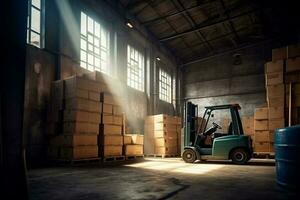 cargo sun forklift warehouse logistic transportation delivery distribution storage box. Generative AI. photo