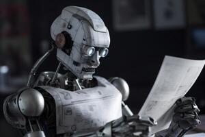 robot laptop ai office document technology digital artificial hand paper. . photo
