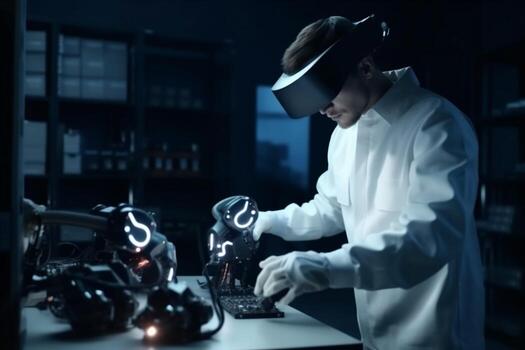 hombre máquina lentes tecnología innovación futuro robótico 3d virtual tridimensional ingeniero robot. generativo ai. foto