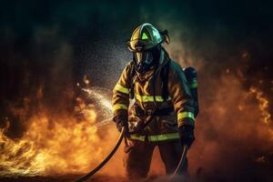 emergency fire rescue safety smoke uniform fireman fighter firefighter equipment. Generative AI. photo