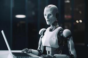 document laptop hand digital artificial paper technology robot ai office. . photo