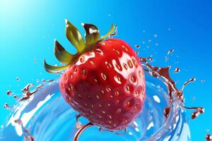 red freshness background healthy fruit fresh water strawberry blue food splash. Generative AI. photo