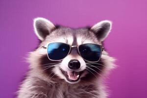 music fun glasses animal young party background raccoon pet jockey portrait. Generative AI. photo