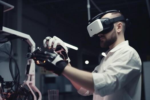 man engineer virtual robotic robot technology engineering three-dimensional glasses future 3d innovation. . photo