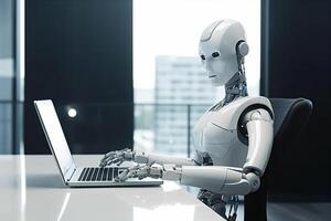 paper robot document technology ai laptop office hand digital artificial. . photo