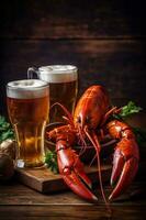 seafood crawfish crayfish beverage crab food red glass background beer snack. Generative AI. photo