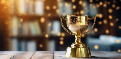 champion cup trophy award prize library celebration competition gold bokeh. Generative AI. photo