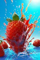 rojo Fresco fresa frescura comida sano Fruta azul antecedentes agua chapoteo. generativo ai. foto