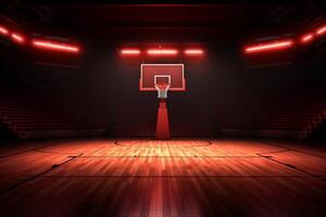 background neon indoor interior game light virtual corridor arena empty basketball hall. Generative AI. photo