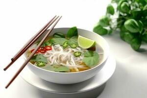 bowl lunch asian white dish background traditional soup food noodle broth. Generative AI. photo