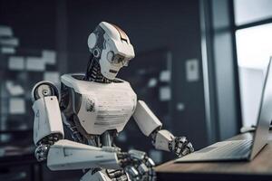 paper laptop robot office document ai technology hand digital artificial. . photo