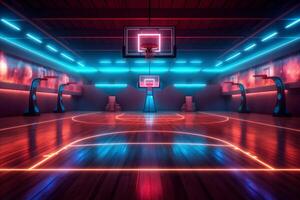 empty game indoor background interior nobody black neon hall arena corridor basketball. Generative AI. photo