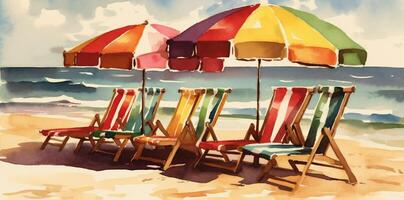 beach vacation rest background resort chair sunny umbrella relax summer watercolor. Generative AI. photo