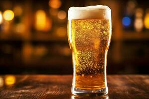 pint drink lager gold alcohol pub glass beer beverage foam. Generative AI. photo