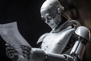 artificial hand ai laptop document technology digital robot office paper. . photo
