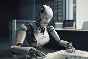 technology ai office laptop document robot artificial digital paper hand. . photo