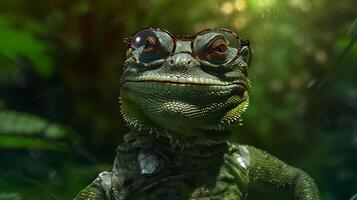 wildlife reptile green close-up lizard portrait scale animal glasses iguana. Generative AI. photo