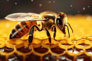 pollen bee gold yellow macro nature closeup insect honey honeycomb background. Generative AI. photo