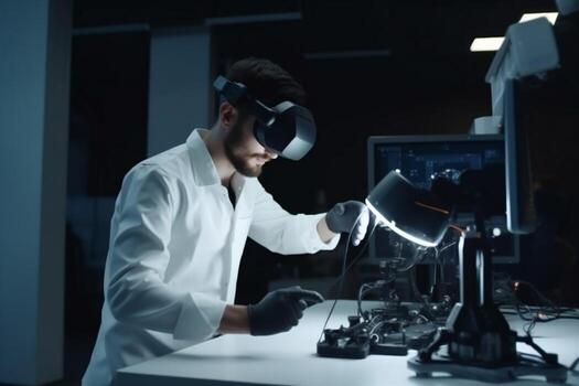 hombre ingeniero robótico futuro juego tecnología lentes innovación tridimensional robot virtual 3d. generativo ai. foto