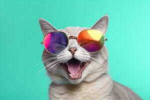 cat cute animal sunglasses pet neon colourful fashion portrait funny. Generative AI. photo