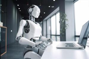 ai robot artificial paper digital laptop document office technology hand. . photo