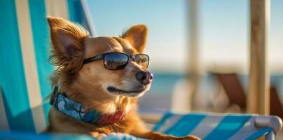 dog vacation pet beach funny sunglasses lazy summer relax chair. Generative AI. photo