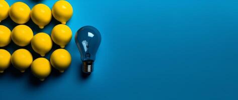 creative electric power energy bulb light background idea concept blue yellow. Generative AI. photo