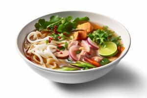 bowl noodle food asian soup dish broth top background white traditional. Generative AI. photo