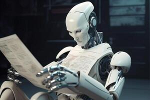 laptop document technology artificial robot ai office hand digital paper. . photo