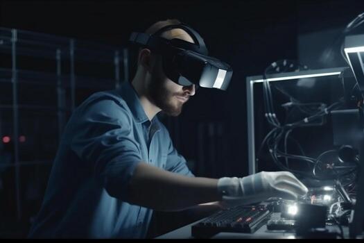 hombre 3d virtual software futuro tridimensional tecnología ingeniero robótico innovación robot lentes. generativo ai. foto