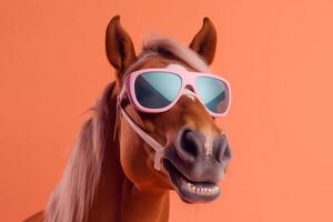 background portrait colourful smile animal horse goggles field funny sunglasses fun. Generative AI. photo