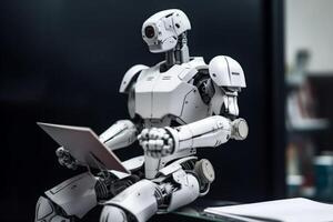 hand robot laptop ai paper document artificial office technology digital. . photo
