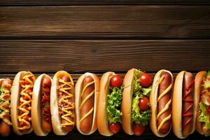 dog sausage bun fast bread background sauce food hot american meat. Generative AI. photo