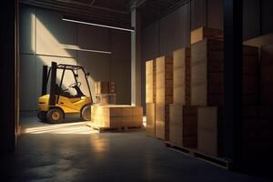 sun transportation cargo delivery forklift logistic distribution box warehouse storage. Generative AI. photo