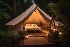 glamping light travel camping tent canvas vacation forest luxury nature. Generative AI. photo