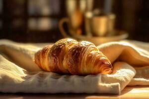 bokeh panadería comida taza Mañana cuerno mesa antecedentes bebida caliente desayuno antecedentes. generativo ai. foto