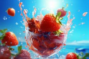 red fruit background fresh healthy blue food water freshness splash strawberry. Generative AI. photo