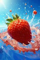 freshness background healthy splash blue food strawberry red fresh water fruit. Generative AI. photo