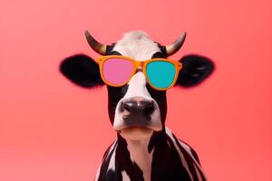 colourful cow funny cute head animal face character sunglasses portrait. Generative AI. photo