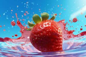 background strawberry freshness blue red splash food fruit fresh water healthy. Generative AI. photo