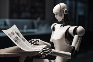 robot laptop artificial office hand ai digital document paper technology. . photo