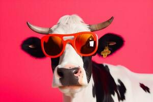 cute sunglasses colourful head character cow portrait face animal funny. Generative AI. photo