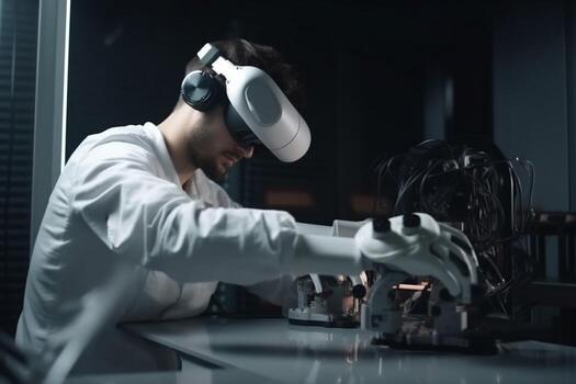hombre innovación robótico ingeniero software futuro virtual tecnología tridimensional 3d robot lentes. generativo ai. foto