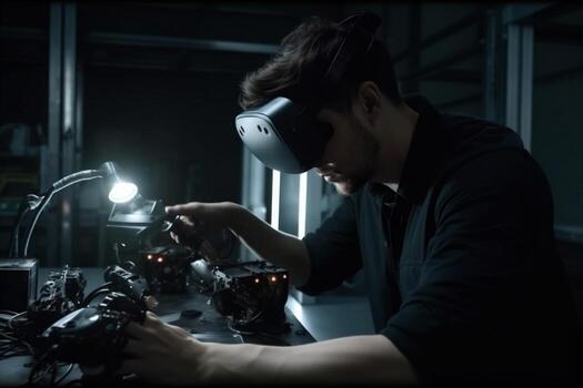 virtual man three-dimensional intelligence 3d future technology glasses innovation robotic artificial engineer robot. . photo