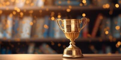 bokeh gold award cup trophy champion library celebration competition prize. Generative AI. photo