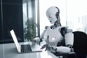 artificial digital office document laptop ai technology paper hand robot. . photo