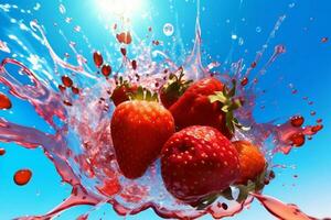 water fruit fresh background blue freshness food splash healthy red strawberry. Generative AI. photo