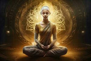 chakra silhouette zen yoga pose energy aura peace spiritual meditation. Generative AI. photo