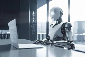 hand ai office paper technology digital robot document artificial laptop. . photo